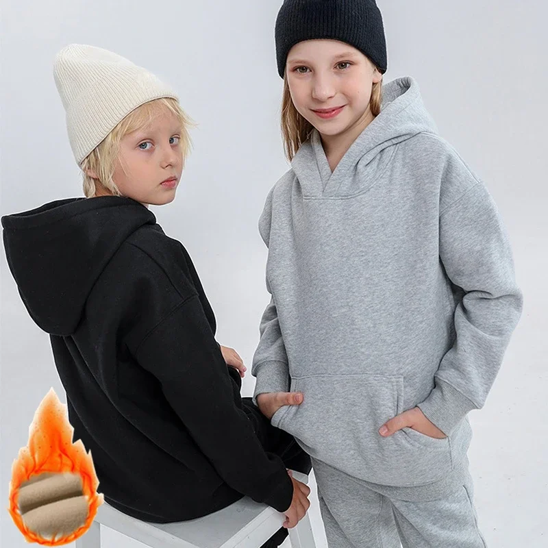 

Hoodie for Boys Winter 2024 Fleece Thick Warm Pullover Tops Teen Girls Clothes Solid Casual All-match Cotton School Kids Clothes