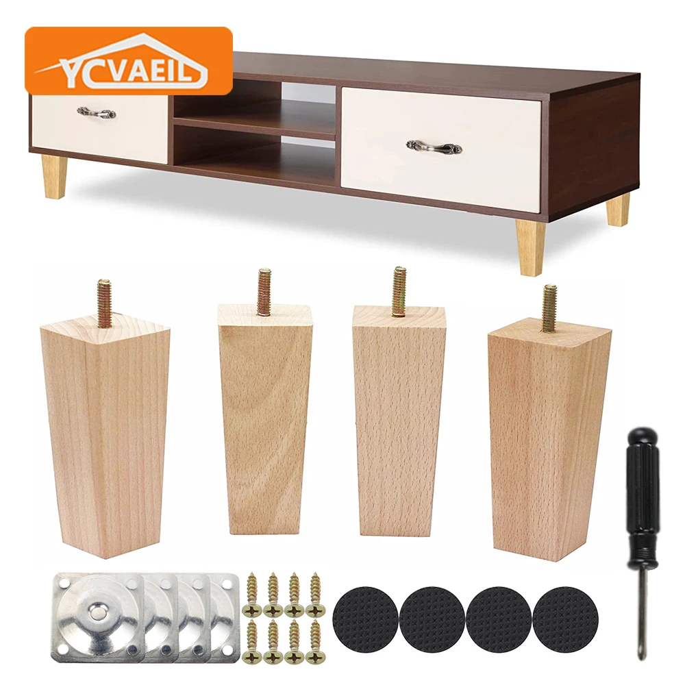 4Pcs 10/12/15cm Solid Wood Furniture Legs Square Sofa Bed Cabinet Stool Chair Replacement Feet Wooden Coffee Table Legs Hardware