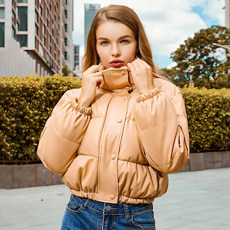 Autumn and Winter New Cotton Coat PU Leather Clothing Coat Female Stand-up Collar Short Clothing Warm Bread Cotton Clothing