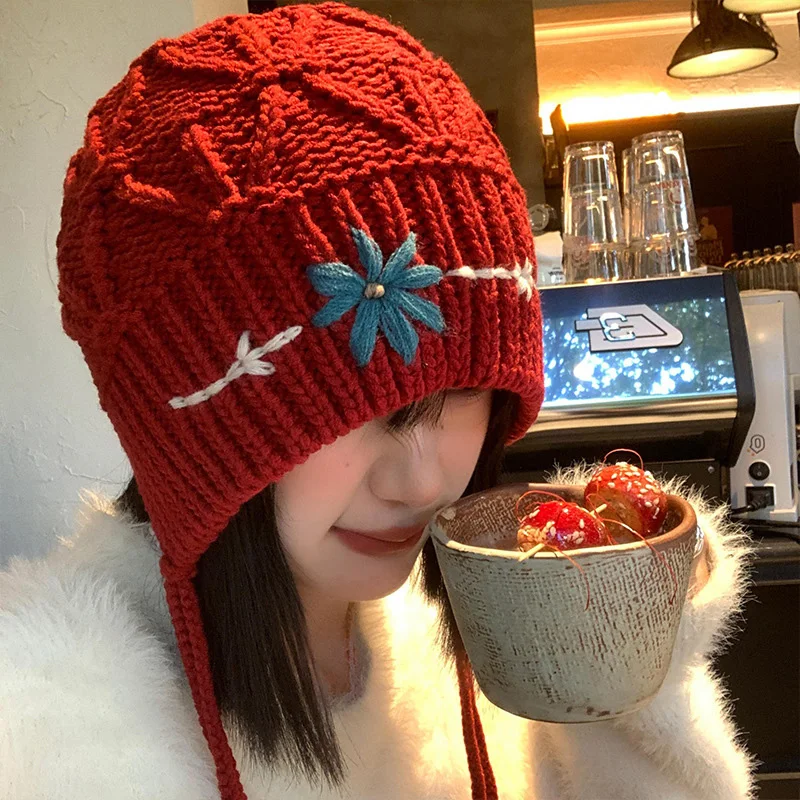 Bohemian Tassel Knitted Hat for Women Flower Crocheted Beanies Autumn Winter Warm Ear Protection Cap Girls Fashion Woolen Bonnet 2