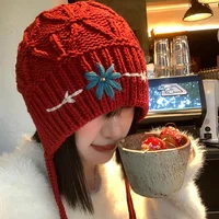 Bohemian Tassel Knitted Hat for Women Flower Crocheted Beanies Autumn Winter Warm Ear Protection Cap Girls Fashion Woolen Bonnet 2