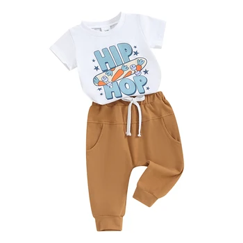 부활절 유아 아기 소년 여름 복장, 힙합 스케이트보드 프린트 티셔츠, 탑 포켓 바지, 귀여운 유아 아기 옷