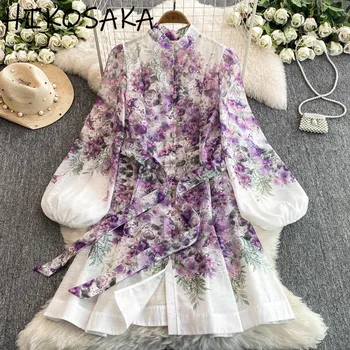 New Chinese-style Dress For Women Spring Autumn 2026 New Fashion Print Lantern Sleeve Robe Slim Waist Stand Collar Vestidos 1