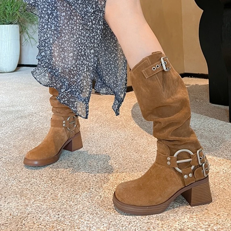 

Flock Mid Calf Boots Women Vintage Cowboy Western Ladies Thick Heel 2023 New Knight Female Shoes Buckle Pumps Suede Chic Casual