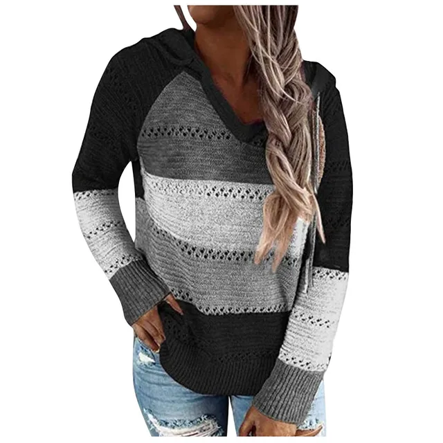 Plus Size 5XL Autumn Winter Women's Pullover Fashion Patchwork Long Sleeve Knit Sweater Tops Women Crochet Hollow Hooded Sweater 2