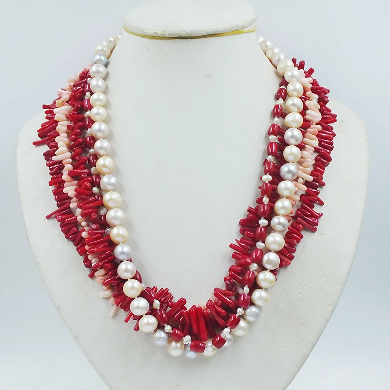 

21 inches. Natural coral/freshwater cultured mixed color pearl. Exquisite women's evening necklace jewelry