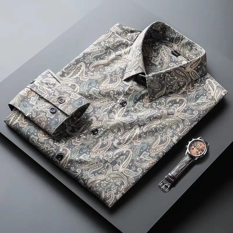 

2024 New Men's Spring Autumn Long Sleeve Thin Shirt Male Flower Printed Slim Shirts Men Single-breasted Casual Blouses D08