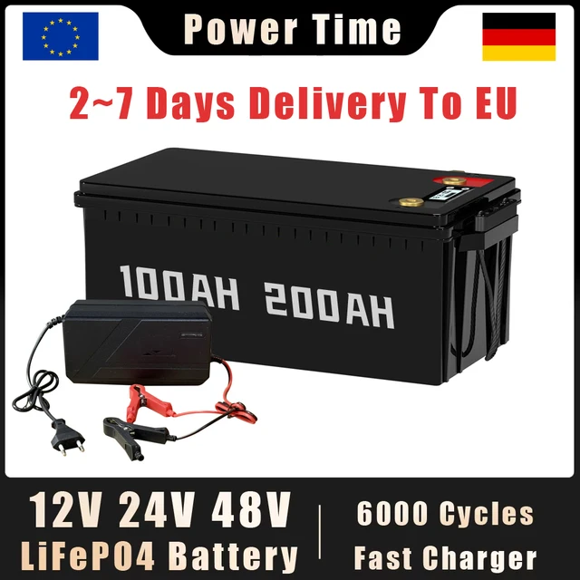 Batterie LiFePO4 12V 24V 48V 100Ah 200Ah avec BMS intégré, au phosphate de fer et de lithium, pour camping-car, voiturette de golf, stockage solaire, camping en plein air 1