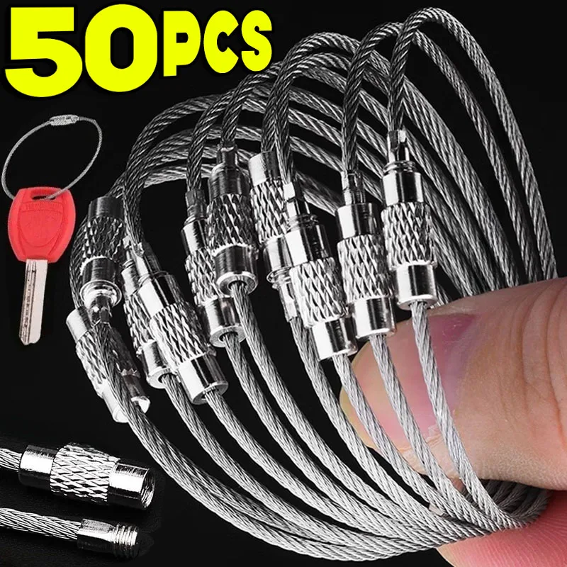 Metal Keychain Tag Ropes Stainless Steel Wire Cable Loop Screw Lock Gadget Ring Key Keyring Circle Camp Hanging Tool Hardware