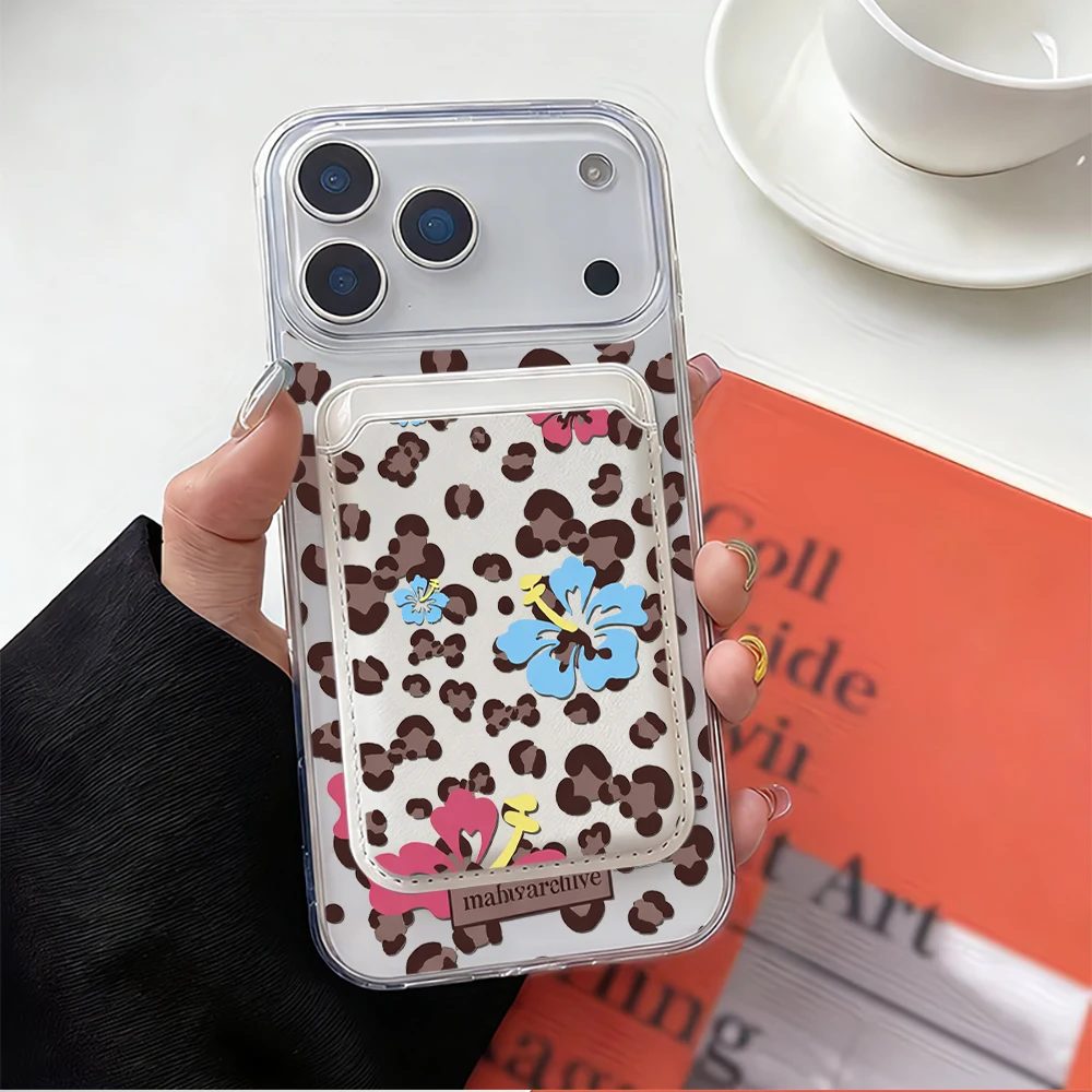 Leopard Print Magnetic Card Holder & Phone Case with Floral Design