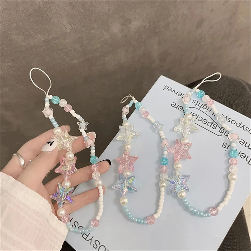 Korean Cute Bling Star Phone Charm: Sweet Jewelry Strap with Pearl Beaded Lanyard Bracelet