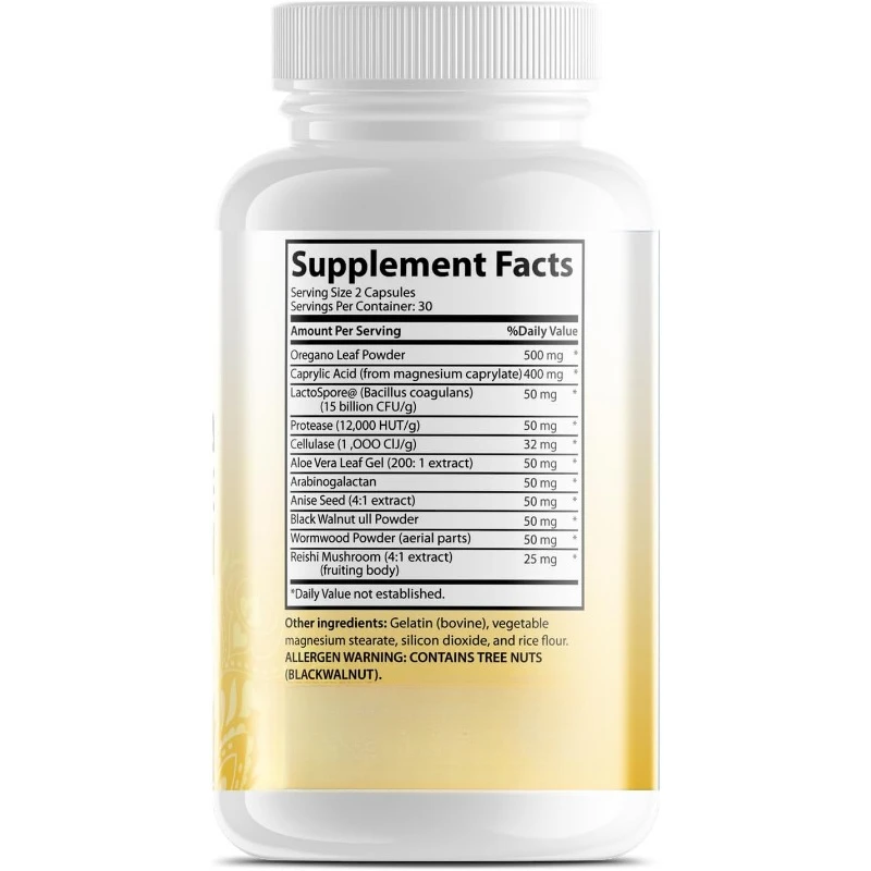Candida Cleanse Capsules (60 capsules) Intestinal Colonic Support Contains Oriole Leaves Wormwood Black walnut bitter acid