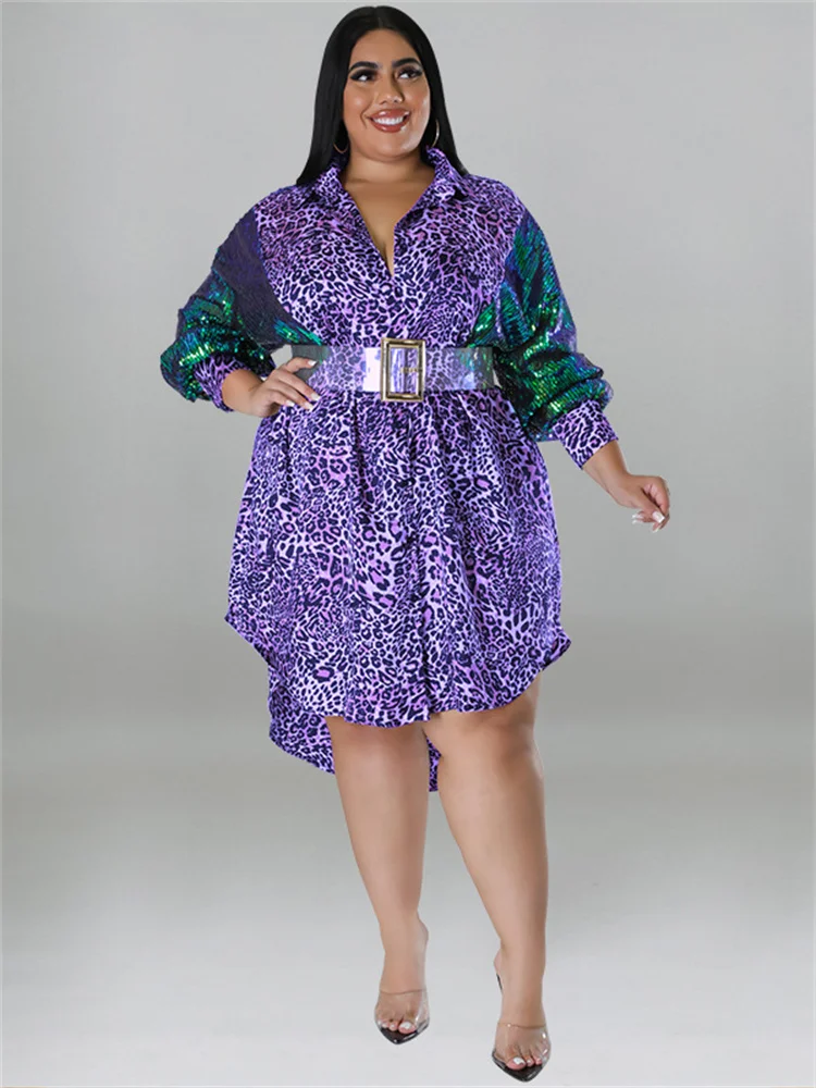 Wmstar Plus Size Party Dresses Women Sequins Sleeve Leopard Patchwork Elegant Midi Shirt Dress Wholesale DropShipping with Belt