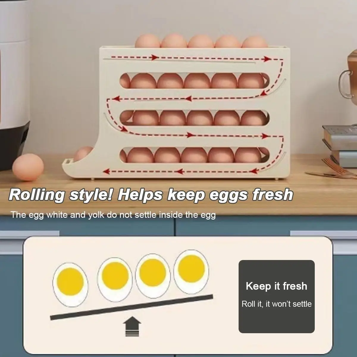 Kitchen Storage Rack Refrigerator Egg Rack 4 Tiers Large Capacity Auto Rolling Organizer