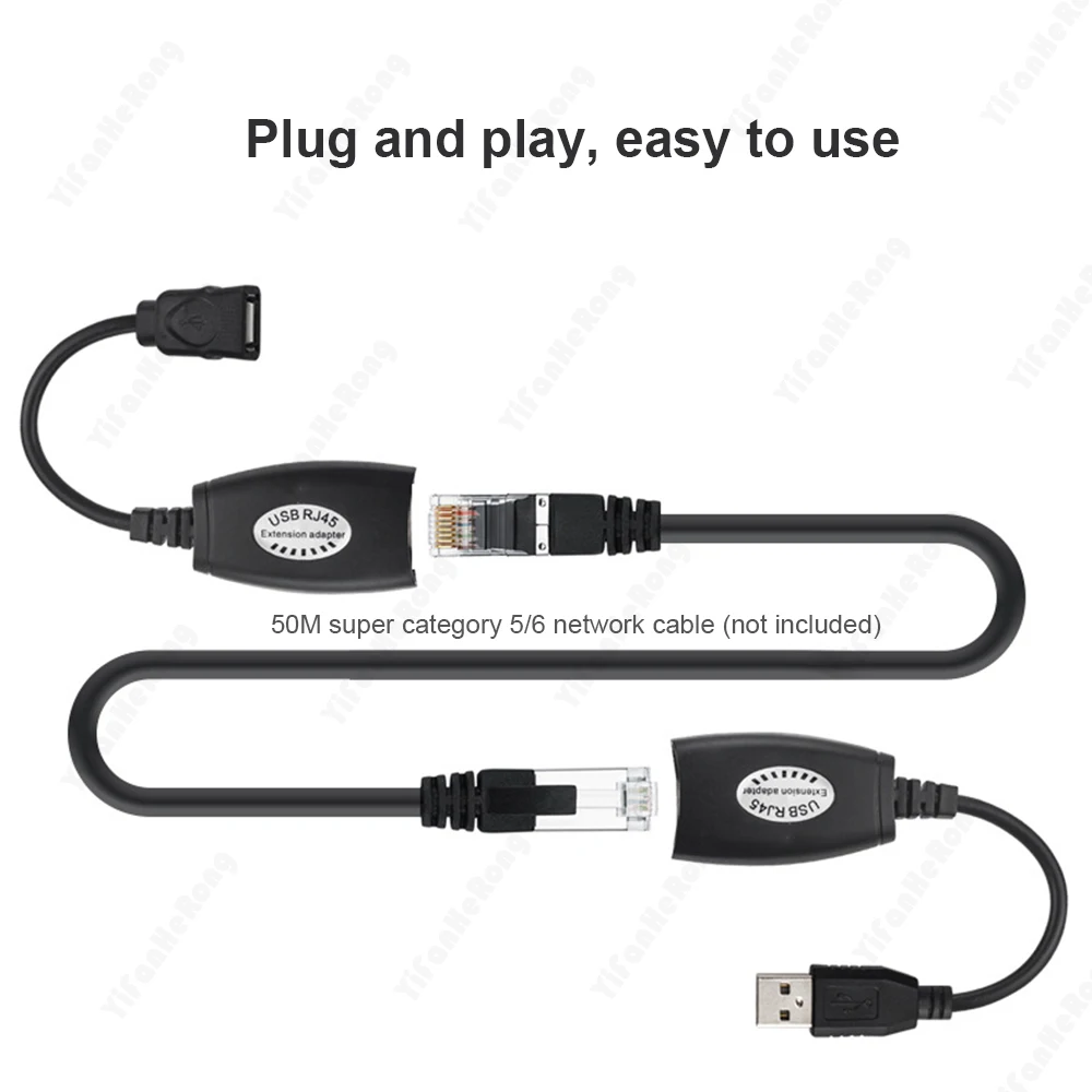 1 Pair USB to RJ45 LAN Ethernet Extension Cable Adapter 50M Distance Extender Converter Over Cat5E/6 Cord Computer Accessories