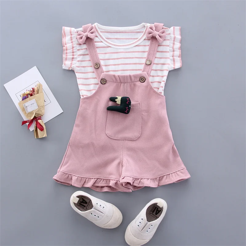 warm Baby Clothing Set Baby Girl Clothes 0-4Y Summer New Cotton Short Sleeve Bibs Girls Suit Striped T-Shirt + Bibs Baby Clothing 2 Piece Set Baby Clothing Set cheap