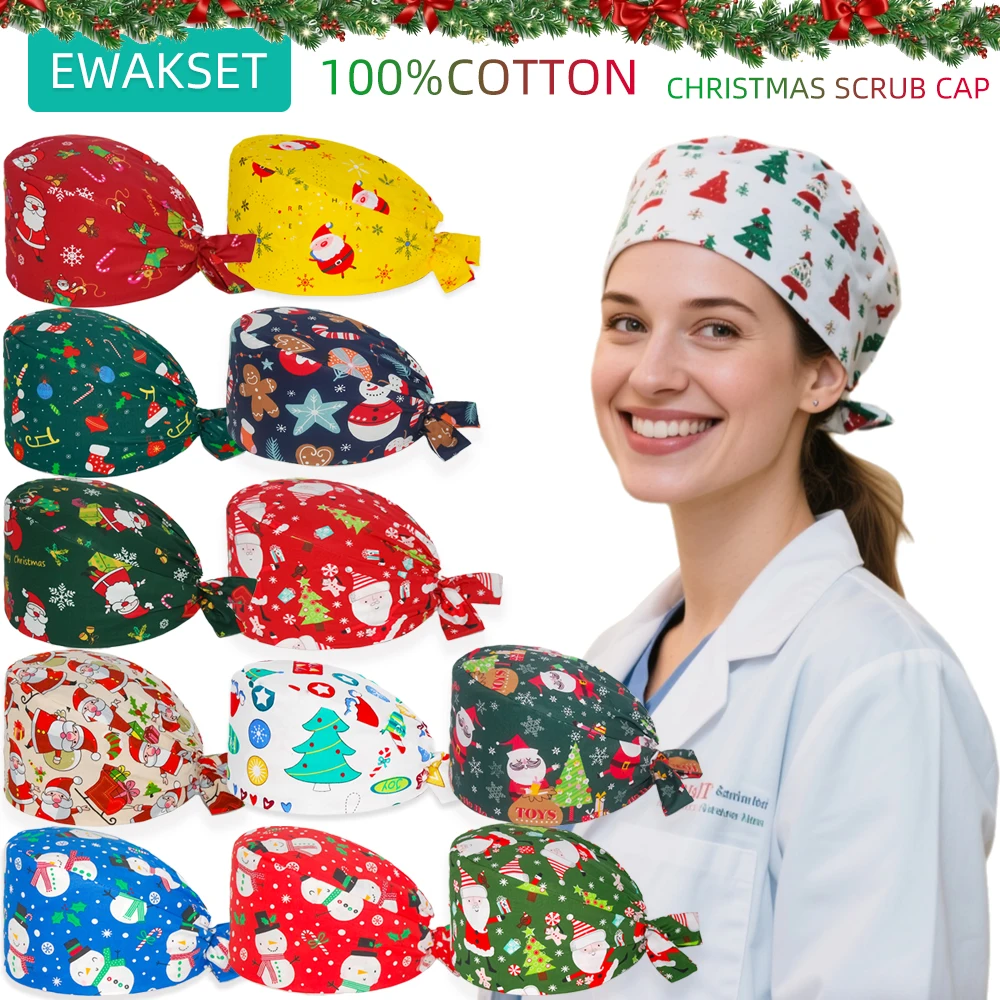 Femme homme motif de noël casquette chirurgicale 100% coton Spa laboratoire animal de compagnie hôpital dentaire chapeau médical en gros salle d'opération gommage casquette
