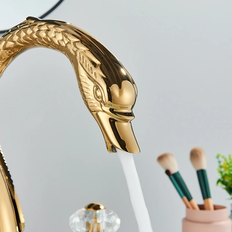 Golden Swan Shape Bathroom Faucet Basin Faucet Tap Bathtub Two Crystal Handles Hot Cold Mixer Crane Basin Tap