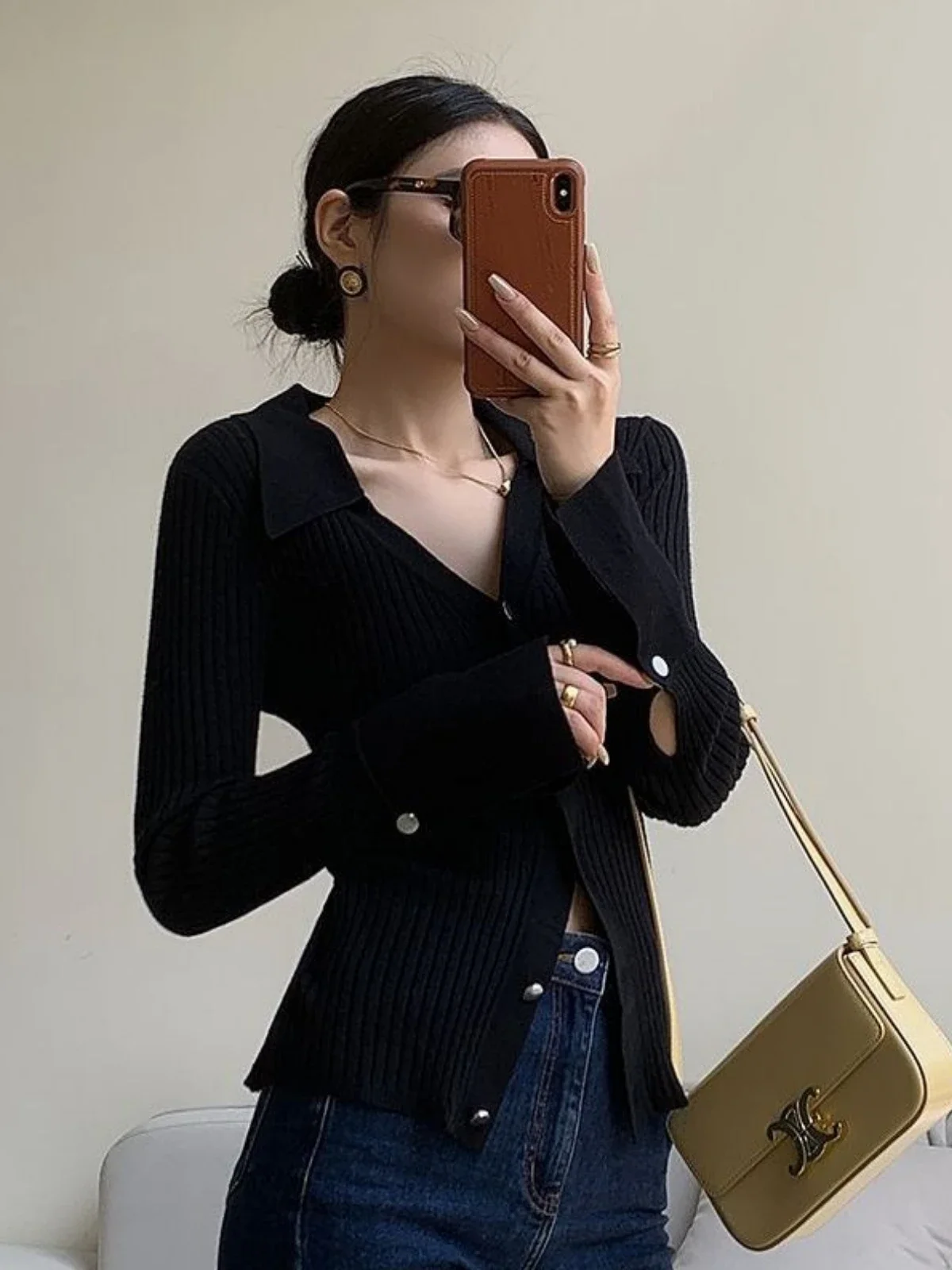 Vintage Luxury Knitted Cardigan Long Sleeve Tops Slim Sweater Polo Large Lapel Korean Fashion Coats High Quality Autumn Jacket