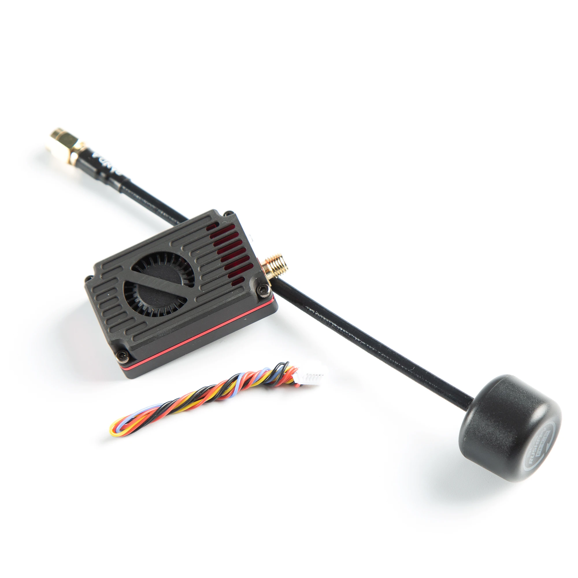 Récepteur RushFPV 3.3G VRX avec écran d'affichage et boutons de contrôle, partie du kit transmission vidéo.