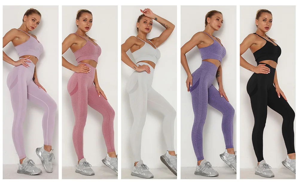 Women's Sets Skinny Tracksuit Breathable Bra Long Sleeve Top Seamless Outfits High Waist Push Up Leggings Gym Clothes Sport Suit pink sweat suits