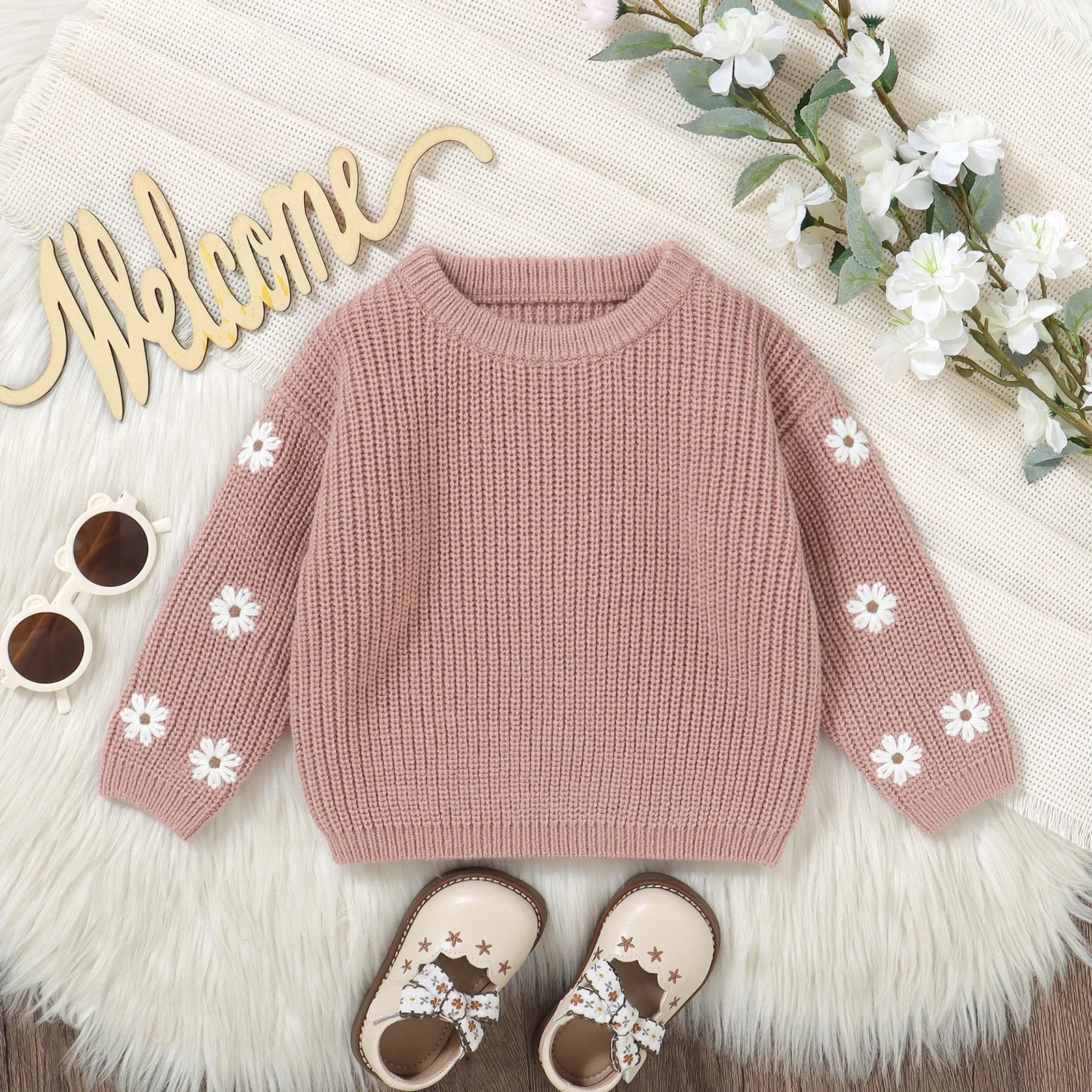 Babyhug Knitted Full Sleeves Pullover Woollen Dress With Floral Embroidery - Lilac main image 1