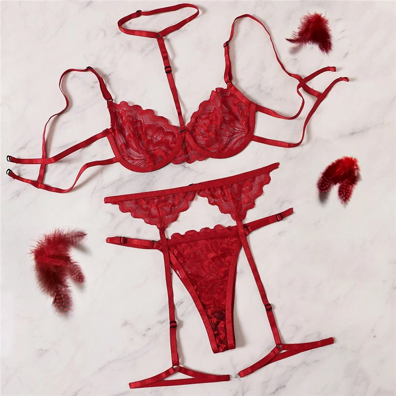 Erotic Lingerie Sets For Women Lace Garters Transparent Bra And Panty Set Female Porno Costumes Deep V Halter Sexy Underwear Set Women Lingerie