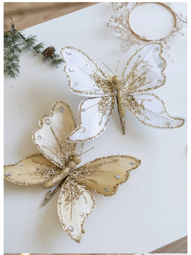 Simulierte Schmetterling Anhänger Weihnachts baum Gold Pulver Dekoration Schmetterling Pailletten Clip Weihnachten Blumen atmosphäre Zubehör – Detail 10