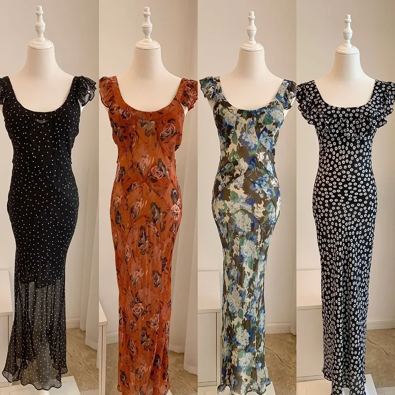 

Women Flower Printed U-Neck Ruffles Strap Slim 100% Silk Maxi Long Dress