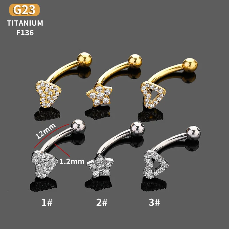 하트 스타 G23 티타늄 아이브로우 링, 뱃살 립 링, 연골 룩 이주 CZ 커브드 바벨 다이스 귀걸이, 16G, 1 개, 신제품