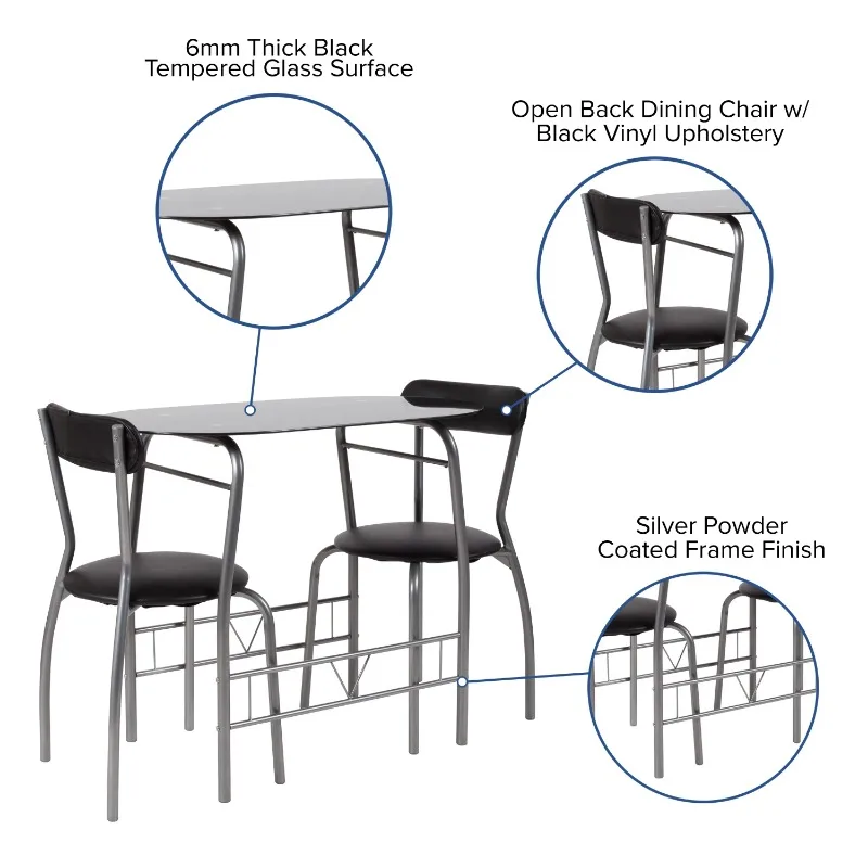 Sutton 3 Piece Space-Saver Bistro Set with Black Glass Top Table  Vinyl Padded Chairs 4
