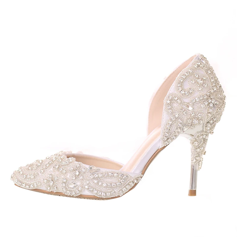 

2023 Rhinestone Crystal Wedding Shoes Sewing Bridal Shoes Pointed Toe High Heel Gorgeous Party Prom Shoes Bridesmaid Shoes