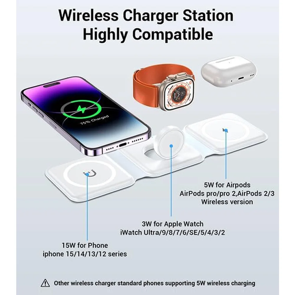 3 in 1 Magnetic Wireless Charger Pad for iPhone 16 15 14 13 Pro Max Apple Watch 9 8 AirPods Chargers Fast Charging Dock Station thumbnail 3