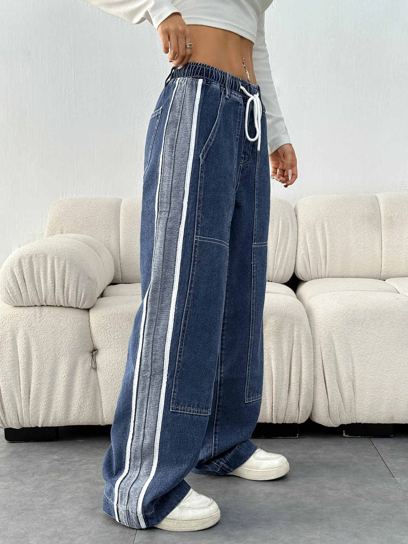 Jean coupe ample de Style décontracté pour femmes, avec cordon de serrage à la taille et poches inclinées, Denim Patchwork bloc de couleur, lavable en Machine