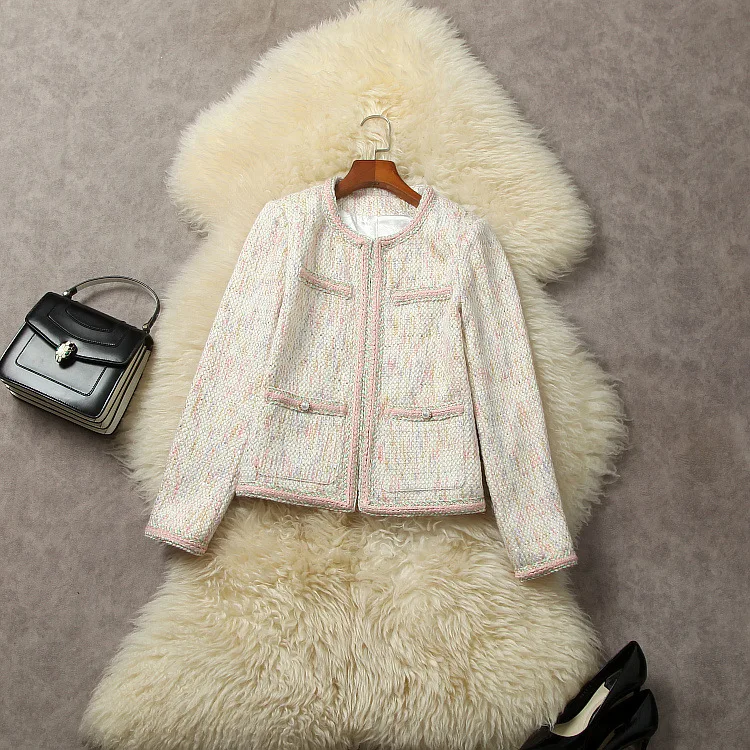 

European and American women's clothing 2023 autumn new Round neck Long sleeve sequin pocket fashion The tweed jacket