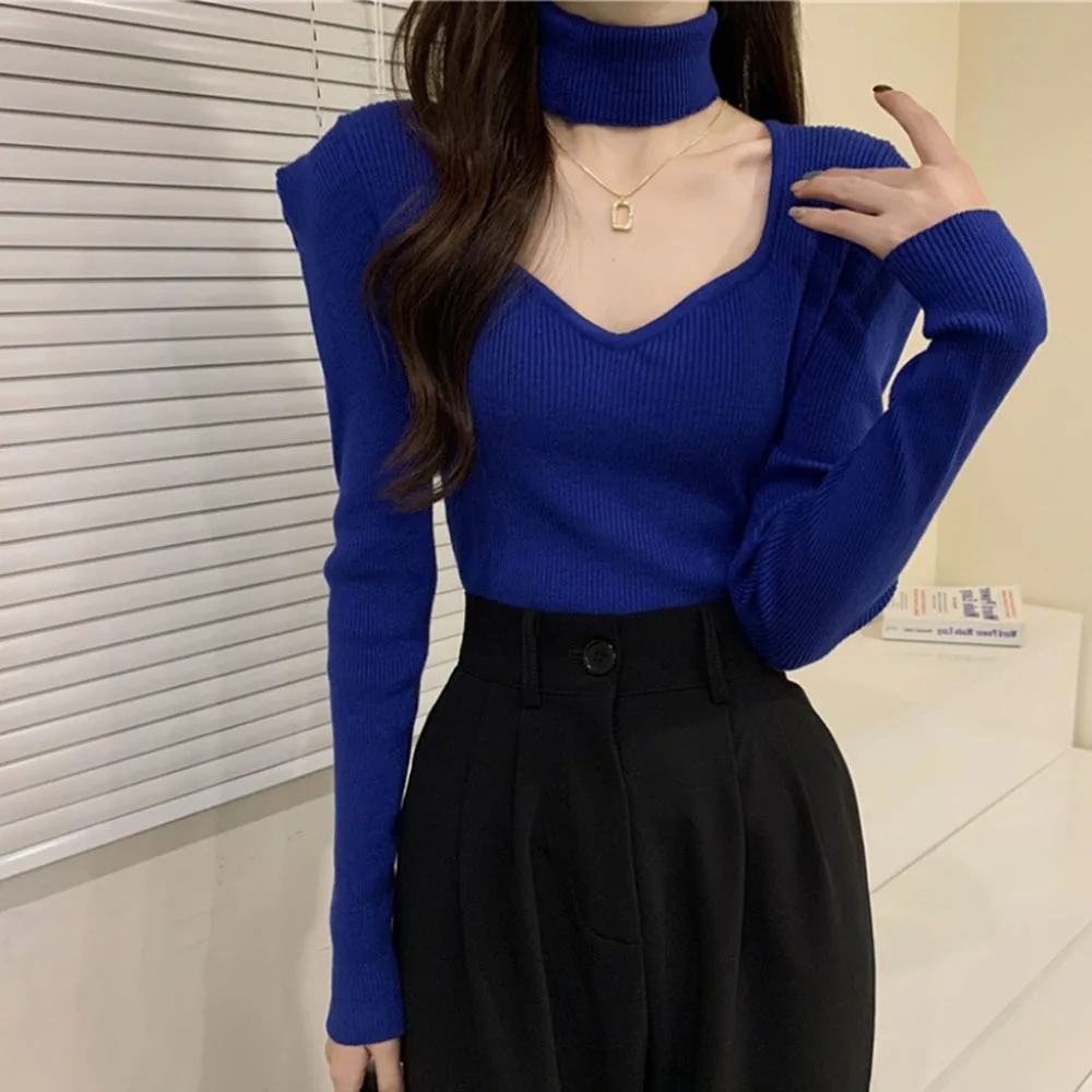 

Turtleneck Pullovers Women 2023 Spring Summer Sexy V-Neck Hollow Knit Sweaters Woman Vintage Style Solid Jumper