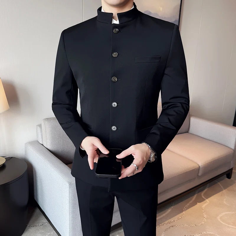 Chinese Style Stand Collar Suit 2-piece Set Men's Elegant Zhongshan Suit Business and Leisure 2-piece Set (jacket+pants)