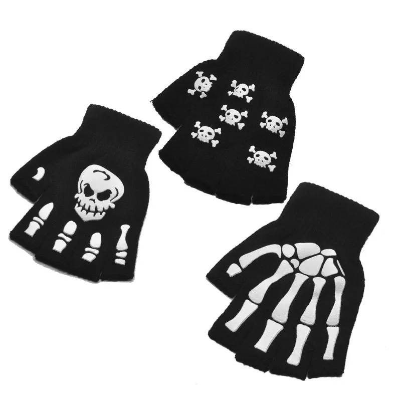 Punk Gloves Unisex Halloween Skeleton Skull Half Finger Gloves Glow In The Dark Fingerless Stretch Knitted Winter Mittens sports half finger gloves winter gloves