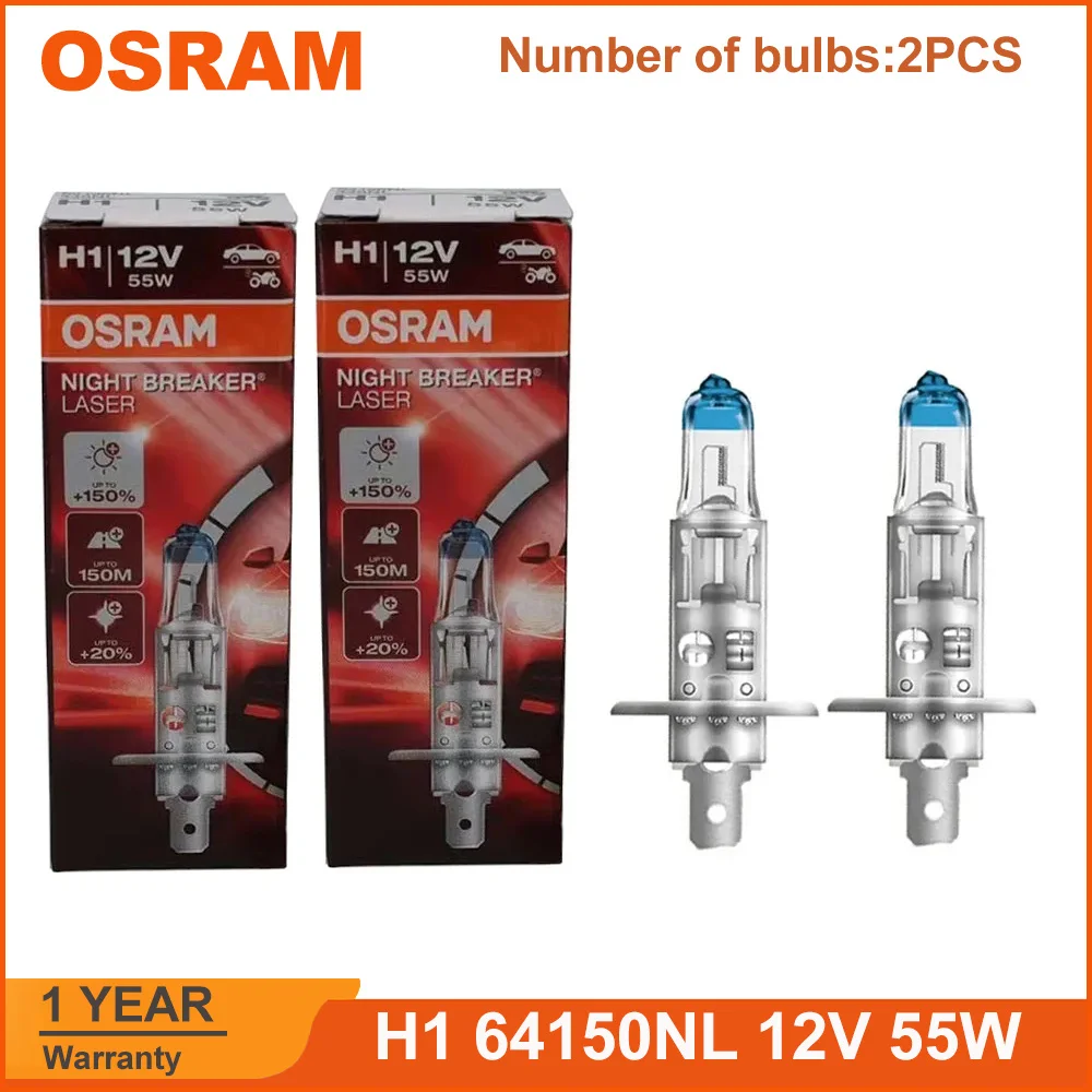 OSRAM 차세대 자동차 전구 안개등, H1 64150NL H3 64151NL, 12V, 55W, 3700K, 1550ml, Hi/lo 빔, 150% 밝기, 2 개