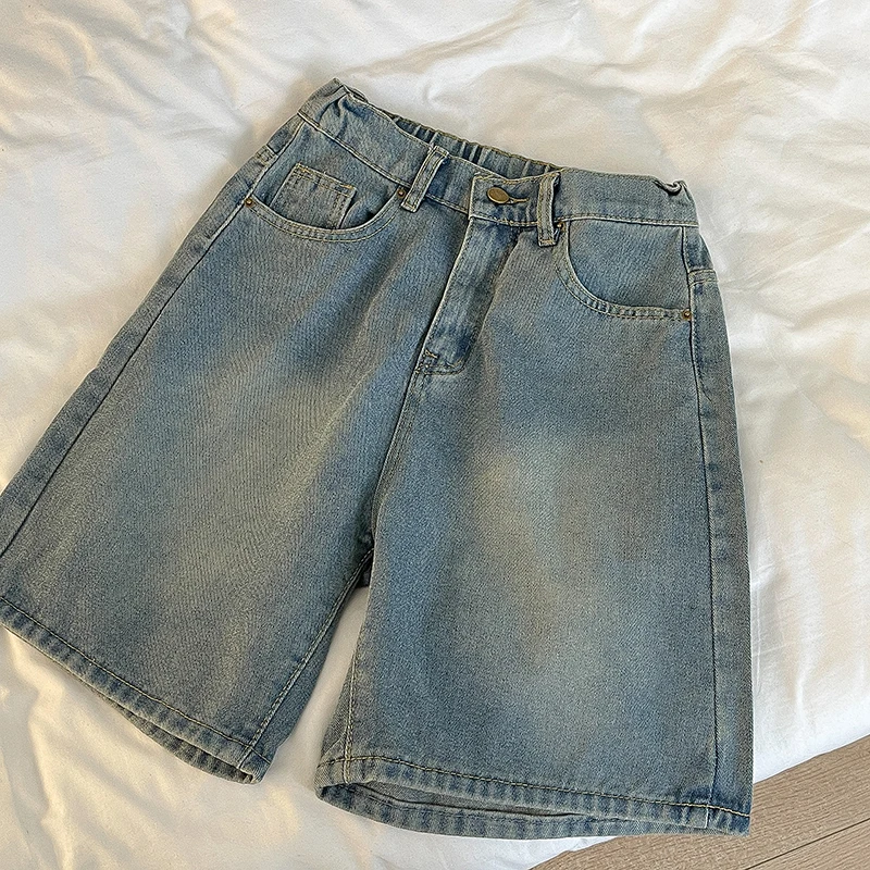 

Vintage Women Blue Denim Shorts Elastic High Waist Soft Loose Distressed Blue Short Jean Pants Female Versatile Commute Clothing