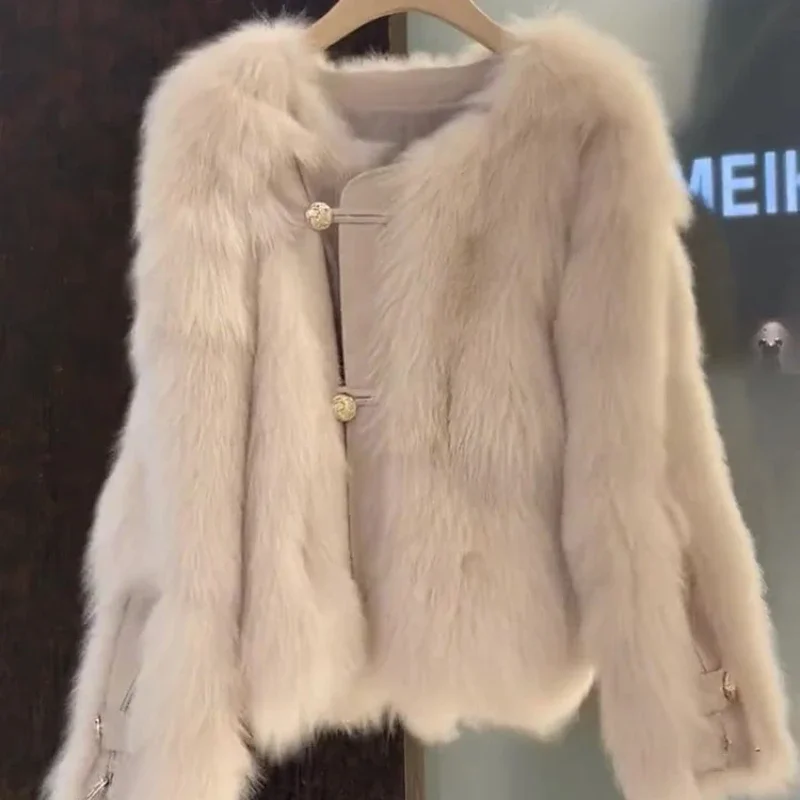 Commuter Round Neck Long Sleeve Single-Breasted Faux Fur Coat Winter High-End Fashionable Women's Slim Fit Faux Fur Jackets