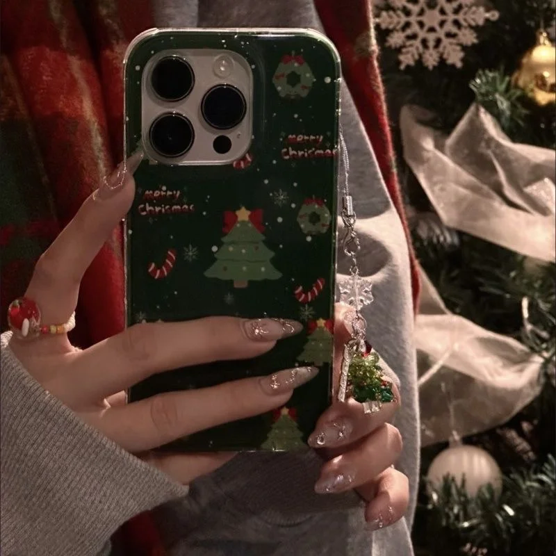 Festive Snowflake Christmas Tree Phone Case with Pendant - Green Background