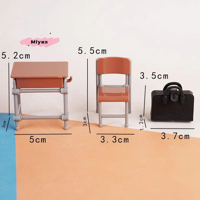 미니 학교 책상 세트(칠판, 의자, 책가방 포함) 인형의 집 가구 장식 교실 소품 모델