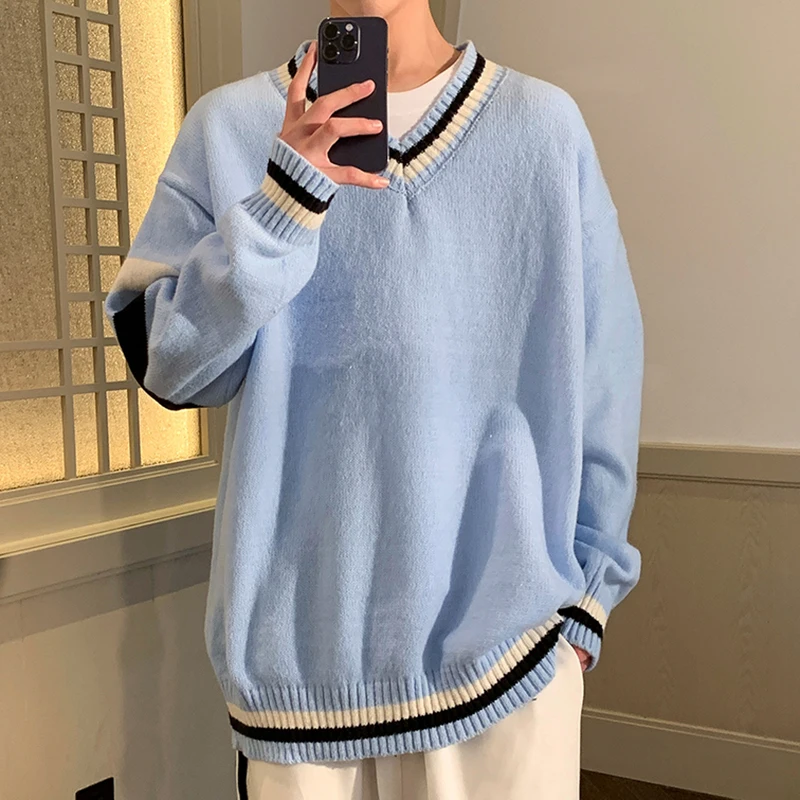 Preppy V-neck Sweater for Men Couples Pullovers Ins Knitted Top Autumn Korean Trendy Loose-fit Line Clothes for Students Youth