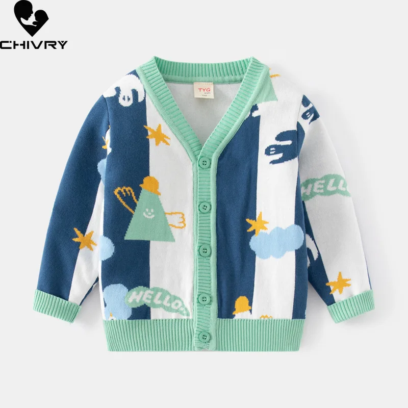 New 2023 Baby Boys Autumn Winter Cartoon Jacquard Cardigan Sweater Fashion V-neck Knitted Jumper Sweaters Tops Kids Cardigans uefezo casual v neck knitted loose cardigan women buttons lantern sleeve sweaters female basic white autumn winter tops cardigan