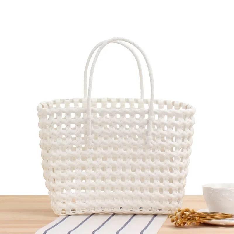 Women's Shopping Basket PVC Woven Hand Bag Carrying Colorful Waterproof Beach Bag Plastic Storage Basket Daily Necessities Bags