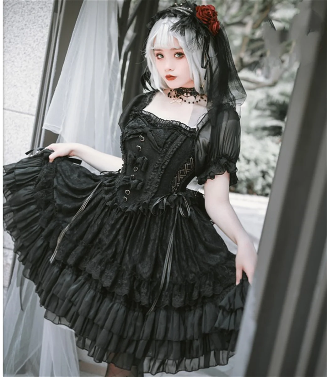 

French Retro Palace Style Lolita Op Gothic Girls Dark Lace Bow Ruffled Jewel Pearl Love Button Ribbon Waist Bubble Sleeve Dress