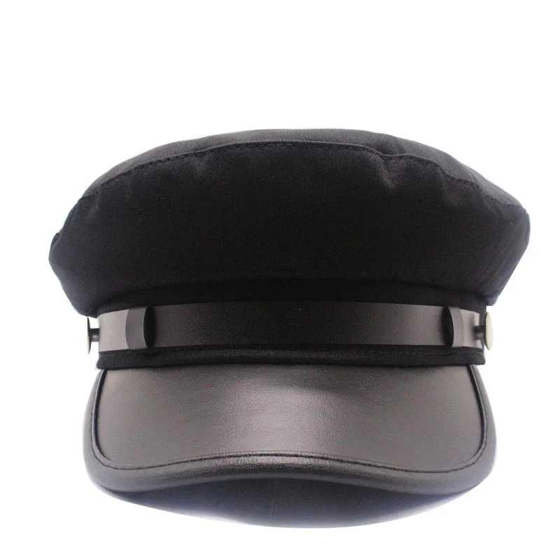 Unisex PU leather hat autumn sailor hat for women men men black female travel student captain army flat top