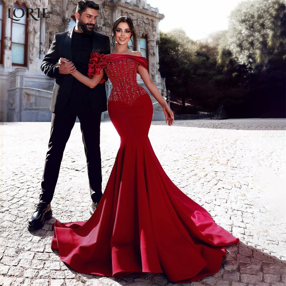 

LORIE Luxury Glitter Mermaid Evening Dresses Off Shoulder Ruched Flowers Prom Dress Backless Pageant Beadings Party Gowns 2024