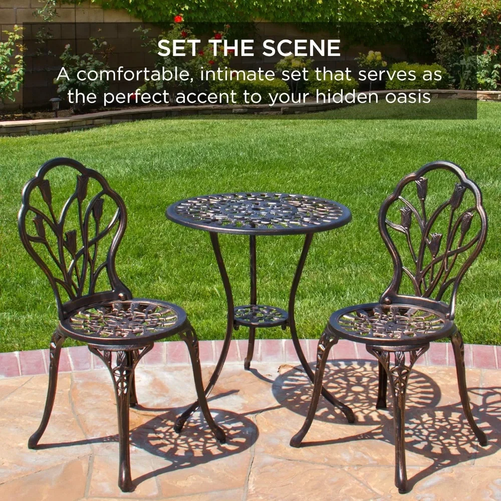 

3-Piece Outdoor Rust-Resistant Cast Aluminum Patio Bistro Set w/Tulip Design, Antique Finish - Copper